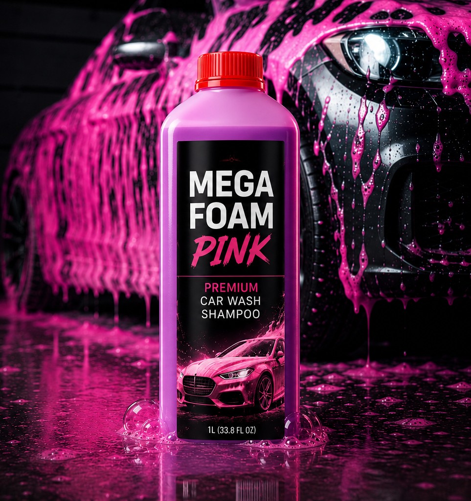 Активна рожева піна MEGA FOAM PINK на темному кузові авто